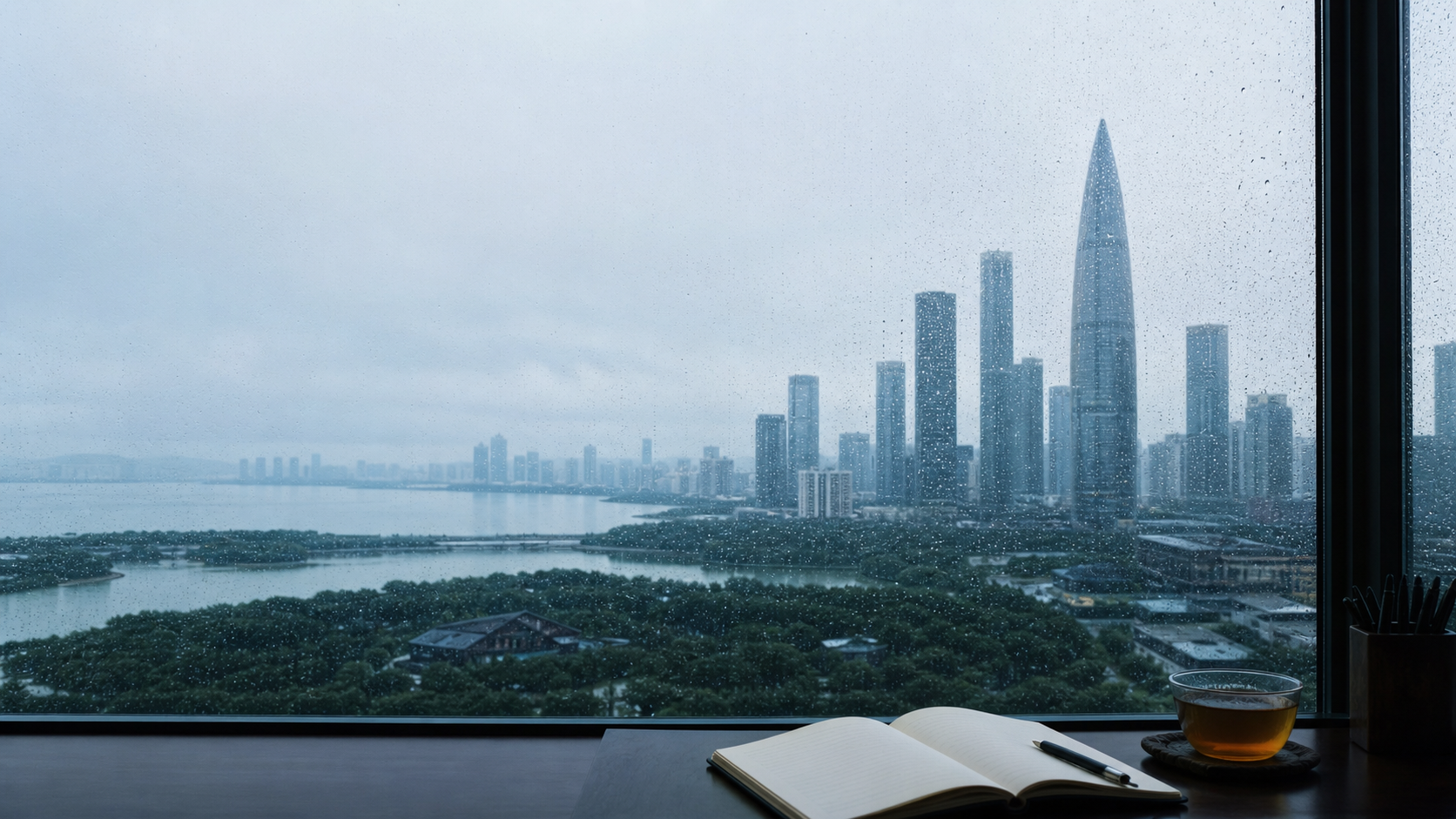 Rain across a Shenzhen window above a quiet desk